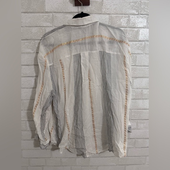 Club Z Collection Women's Chic striped button Down Shirt Cream Black Gold #1973 - Picture 5 of 8